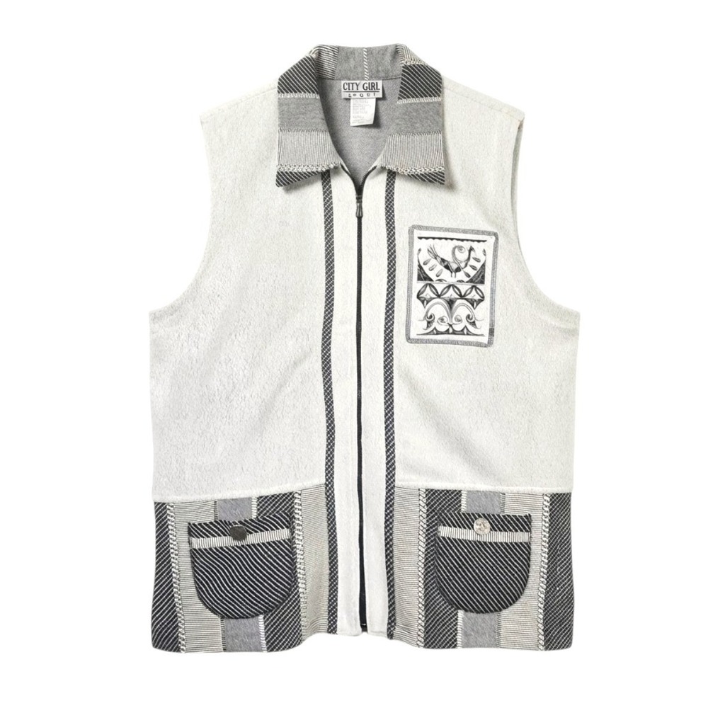 Vtg 80s City Girl Sport Vest Large White Black Geometric Zip Front Made in USA